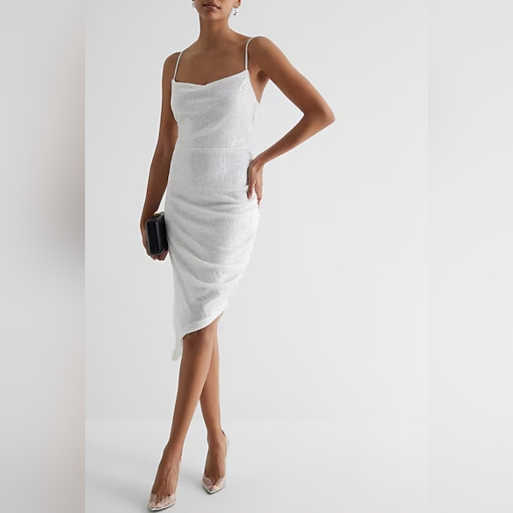 Express Cowl Neck Sequin Asymmetrical Hem Bodycon Midi Dress
